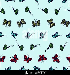 Hand drawn multi colored butterflies on a light blue background. Stock Vector