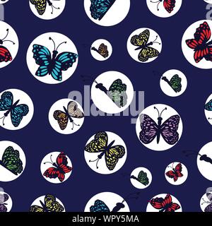 Hand drawn multi colored butterflies arranged in white circles on a dark blue background. Stock Vector