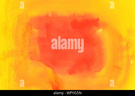 Red and orange color stains flow on yellow surface , Abstract background and illustration from acrylic color painting Stock Photo