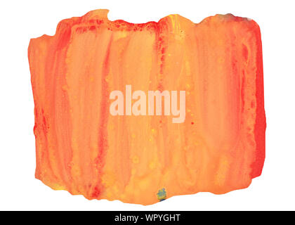 Red and orange color stains flow on yellow surface , Abstract background and illustration from acrylic color painting isolated on white background Stock Photo