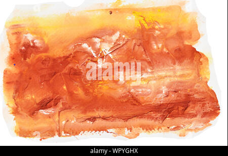 Brown and white stains flow on yellow surface , Abstract background and illustration from acrylic color painting Stock Photo
