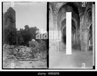 Margab Castle. Approach to entrance of castle; [Interior view of Crusader Cathedral at Tartous] Stock Photo