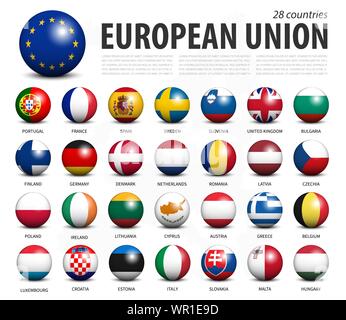 European union EU 3D circle balls line up and member flags design . White isolated background and europe map . Vector . Stock Vector