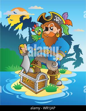 Pirate standing on chest on island Stock Vector
