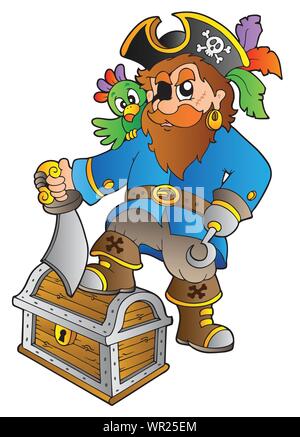 Pirate standing on treasure chest Stock Vector