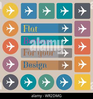 Plane icon sign. Set of twenty colored flat, round, square and rectangular buttons. Vector Stock Vector