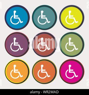 disabled icon sign. Nine multi colored round buttons. Vector Stock Vector