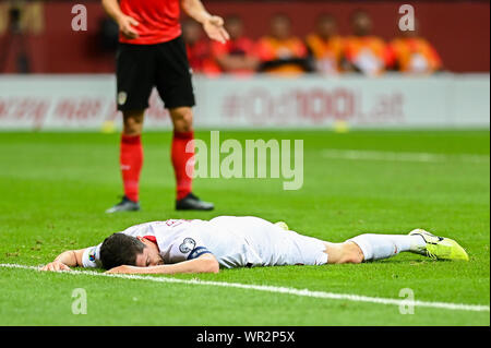 Warsaw, Poland. 09th Sep, 2019. Robert Lewandowski from Poland on the ground during the Euro 2020 Qualifiers (Group G) match between Poland and Austria.(Final score; Poland 0:0 Austria) Credit: SOPA Images Limited/Alamy Live News Stock Photo