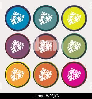 U.s dollar icon sign. Nine multi colored round buttons. Vector Stock Vector