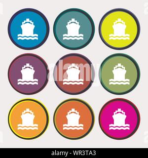 ship icon sign. Nine multi colored round buttons. Vector Stock Vector
