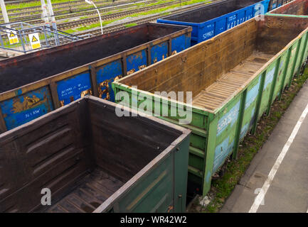 Murmansk, Russia - June 07, 2018: Railway train with empty wagons for coal transportation Stock Photo