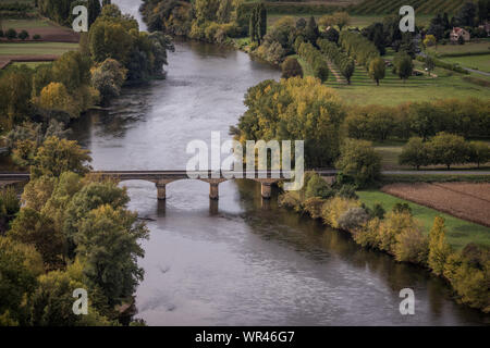 Gabare on river viewed from Castelnaud-la-Chappelle castle, France Stock Photo