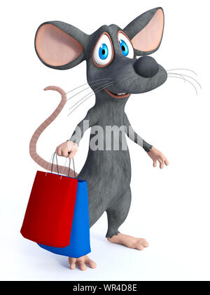 3D rendering of a cute smiling cartoon mouse standing and holding two shopping bags in his hand. White background. Stock Photo