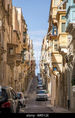 Malta, old town of Valetta, narrow, steep street, alleys, St. Ursula Street, Stock Photo