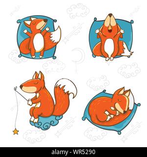 Vector in line style. Cute baby fox sleep or dreaming in cartoon style isolated on white background for kids fashion, funny fox for invitations, party Stock Vector