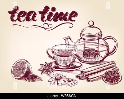 tea time Cup of tea and teapot isolated on vintage background hand drawn vector illustration realistic sketch. Stock Vector