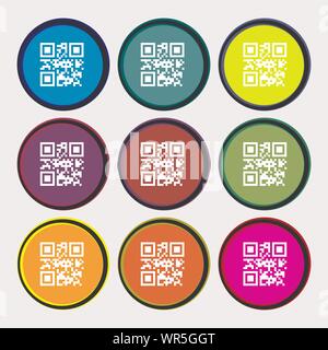 Qr code icon sign. Nine multi colored round buttons. Vector Stock Vector
