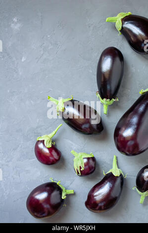 Ripe eggplants of different sizes on a gray concrete background. View from above. Stock Photo