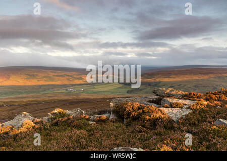 Teesdale, County Durham, UK.  10th September 2019. UK Weather.  It was a cold and misty start to the day over the moors of the North Pennines as the rising sun began to illuminate the fells. The forecast is for a bright day of sunny spells with just the odd shower.  Credit: David Forster/Alamy Live News Stock Photo