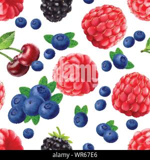 Blackberry blueberry cherry and raspberry seamless pattern. 3d realistic vector berries. Stock Vector