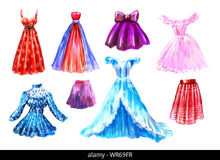 Fashion set. Watercolor hand drawn collection of dresses and ...