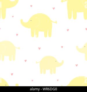 Seamless pattern of cute yellow elephants and hearts. Vector image for girl and boy. Illustration for holiday, baby shower, birthday, textile, wrapper Stock Vector