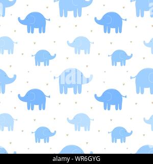 Seamless pattern of cute blue elephants and hearts. Vector image for boy. Illustration for holiday, baby shower, birthday, textile, wrapper, greeting Stock Vector