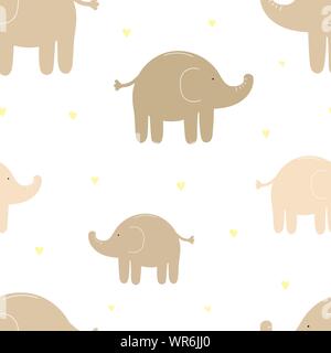 Seamless pattern of cute beige elephants and hearts. Vector image for girl and boy. Illustration for holiday, baby shower, birthday, textile, wrapper, Stock Vector