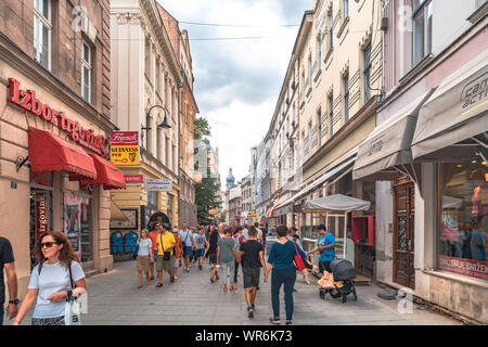 SARAJEVO, BOSNIA - AUGUST 3, 2019 : Colorful Sarajevo streets in Bascarsija. The old town is most popular place for tourists. Stock Photo