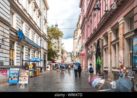 SARAJEVO, BOSNIA - AUGUST 3, 2019 : Colorful Sarajevo streets in Bascarsija. The old town is most popular place for tourists. Stock Photo