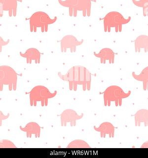 Seamless pattern of cute pink elephants and hearts. Vector image for girl. Illustration for holiday, baby shower, birthday, textile, wrapper, greeting Stock Vector