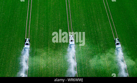 three tractors spray pesticides on a green field top view Stock Photo