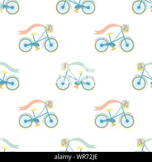 Easter seamless pattern with colorful bicycle and basket of flowers on a transparent background. Vector hand-drawn illustration for spring holiday, pr Stock Vector