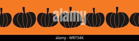 Halloween pumpkins seamless vector border. Repeating hand drawn pumpkin silhouettes. Halloween border illustration for party decor, ribbons, banners Stock Vector
