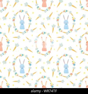 Easter seamless pattern with rabbits, carrots and flowers on a transparent background. Vector hand-drawn illustration of bunny for spring holiday, pri Stock Vector