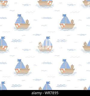 Seamless pattern of hand-drawn ship with sea waves. Vector image on the marine theme for a boy sailor. Illustration for holiday, baby shower, birthday Stock Vector