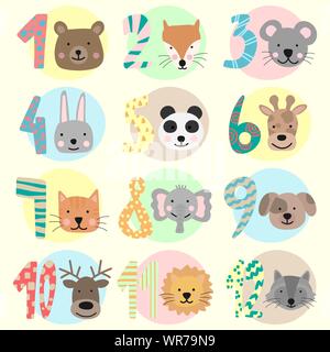 Vector image of 12 months for a baby with animals. A collection of children's stickers with numbers and bear, fox, mouse, rabbit, panda, giraffe, cat, Stock Vector
