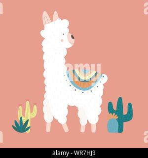 Vector illustration of a cute llama or alpaca in clothes with national motifs and cacti on a pink background. The image on the South American theme fo Stock Vector