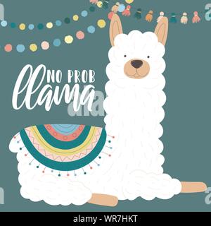 Vector illustration of a white alpaca in clothes with national South American motives, decorations with an inscription No prob llama. Image for childr Stock Vector
