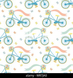 Easter seamless pattern with colorful bicycle, butterflies and basket of flowers on a transparent background. Vector hand-drawn illustration for sprin Stock Vector