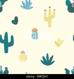 Seamless pattern of hand-drawn multicolored cacti with flowers and prickles on a light background. Illustration for children, room, textile, clothes, Stock Vector