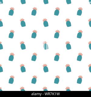 Seamless pattern of hand-drawn cacti with flowers. Image of a green cactus with prickles. Illustration for children, room, textile, clothes, cards, wr Stock Vector