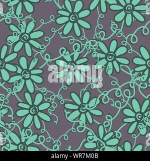 seamless vector pattern with flowersandtangled vines in patina green color Stock Vector