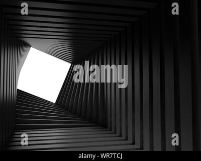 Abstract dark tunnel  background, twisted interior with white square window at the end. 3d rendering illustration Stock Photo