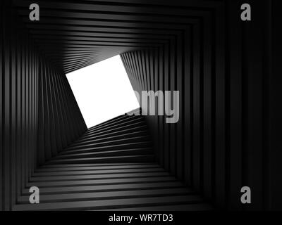 Abstract dark twisted tunnel interior with white square window at the end, parametric geometric background. 3d rendering illustration Stock Photo