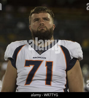 Oakland, United States. 9th Sep, 2019. Denver Broncos offensive guard Austin  Schlottmann (71) watches the final minute of the Broncos loss to the  Oakland Raiders at Alameda Coliseum in Oakland, California on