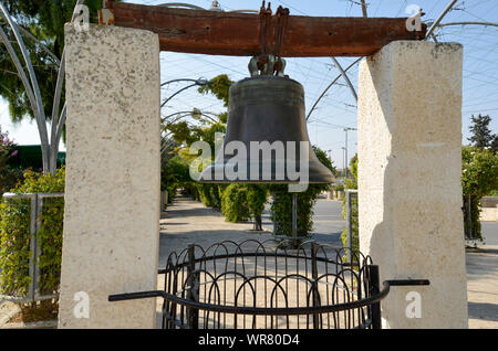 Replica of the American Liberty Bell in the center of Gan Hapaamon park.Liberty Bell Park, Jerusalem, Israel Stock Photo