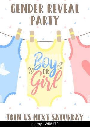 Invitation card template with pink, yellow and blue babygro and an inscription Boy or girl. Vector illustration for Gender reveal party. Сoncept of ho Stock Vector