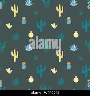 Seamless pattern of hand-drawn multicolored cacti with flowers and prickles on a dark green background. Illustration for children, room, textile, clot Stock Vector