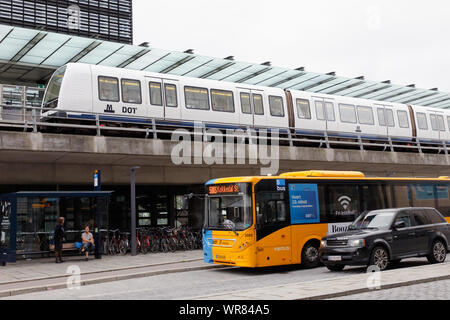 Copenhagen, Denmark - September 4, 2019: Orestad metro station with a subway train. Stock Photo